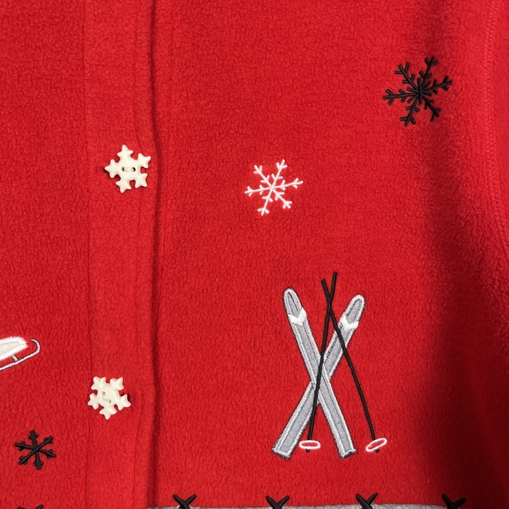 Vintage Christmas Cardigan Button Sweater L Fleece Red Gray Snowman Ski Grandma - Picture 6 of 11